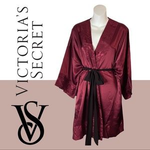 Vintage 80s Victoria’s Secret Kimono Short Robe Satin Jacquard Burgundy OS